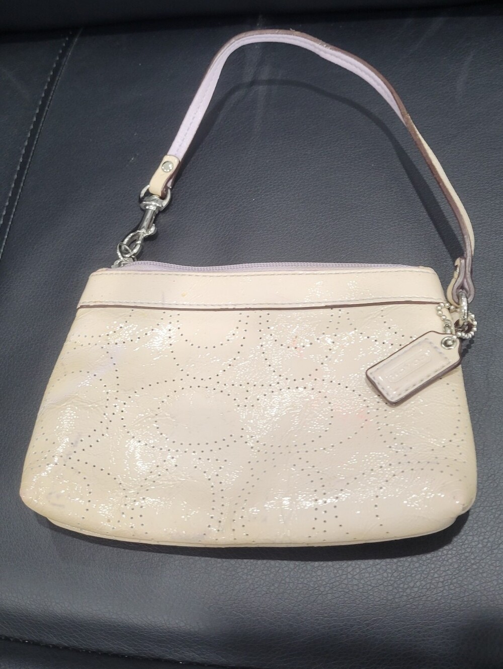 Used Coach Taupe /Lavender Wristlet Makeup Bag w/Two-tone Coach Logo Tag